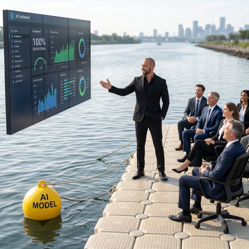 Executives reviewing an AI dashboard on a floating platform, representing AI model dependency and failover risk.
