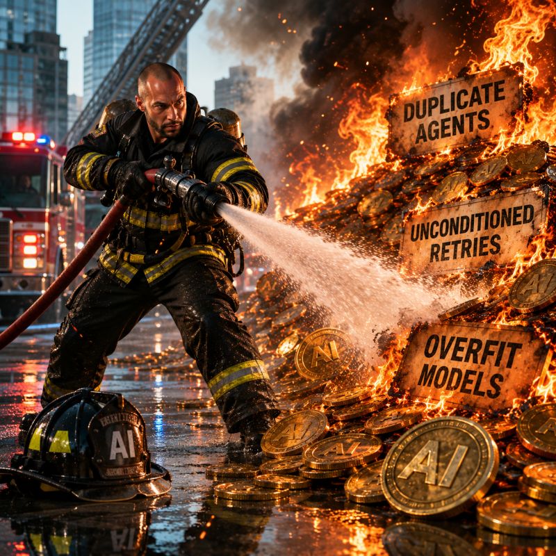 Firefighter spraying water on a blaze fueled by AI token waste, representing runaway AI costs and weak architecture.