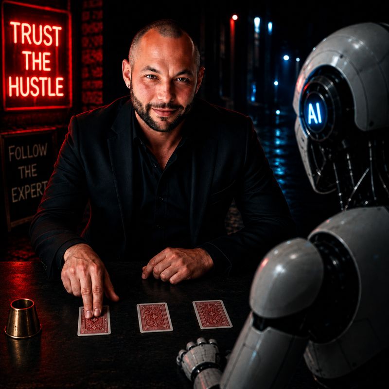 Jason Fishbein and a robot at a card table beneath signs reading Trust the Hustle and Follow the Expert.