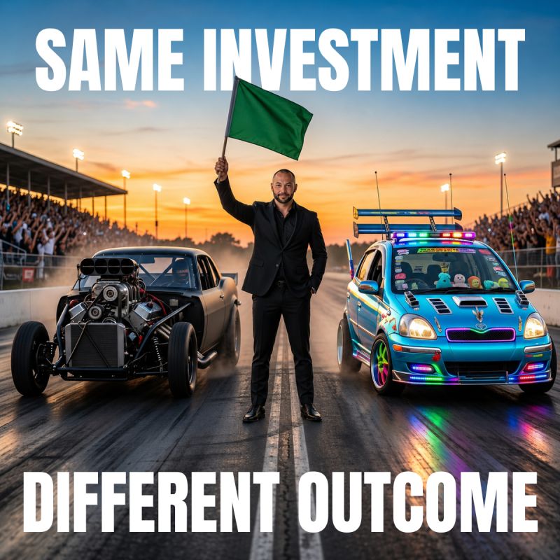 Two race cars labeled same investment and different outcome, representing AI spend producing different business value.