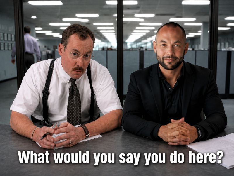 Jason Fishbein sits beside an Office Space character under the words What would you say you do here?