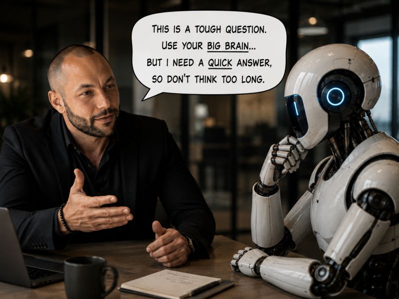A business leader asks a robot to use more reasoning but answer quickly.