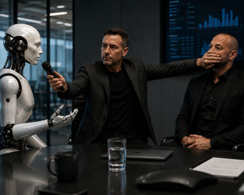 A business leader holding an AI agent interview microphone while covering another person's mouth.