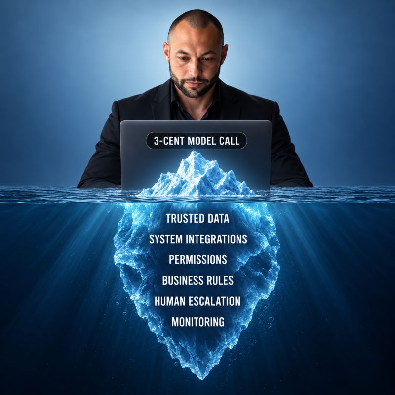 Jason Fishbein looking at a laptop marked 3-cent model call above an iceberg representing trusted data, system integrations, permissions, business rules, human escalation, and monitoring.