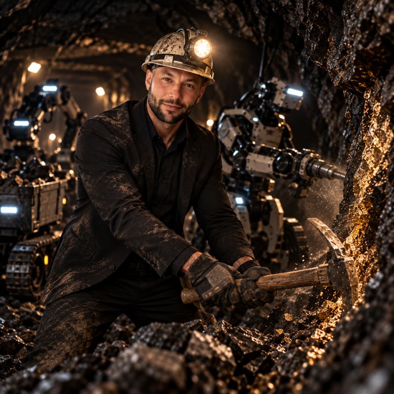 Jason Fishbein mining for AI insights in a cave alongside robotic assistants.